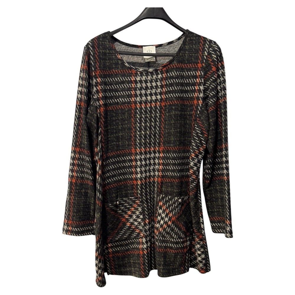 Papillon Blanc Women's‎ Plaid Tunic Top Long Sleeve L/G Grey Red Black Career